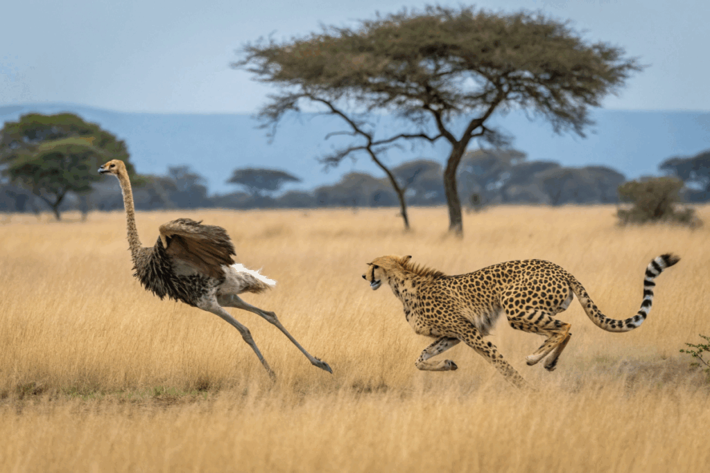 autruche et guépard lors d'une course en Afrique du Sud