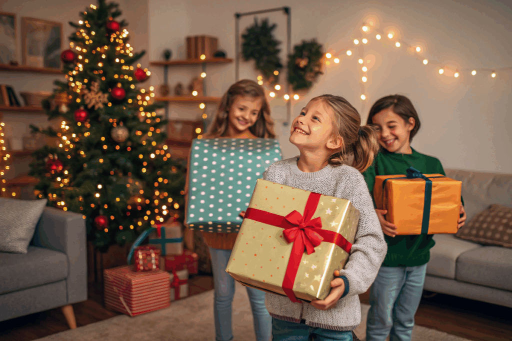 des enfants avec des cadeaux de Noël