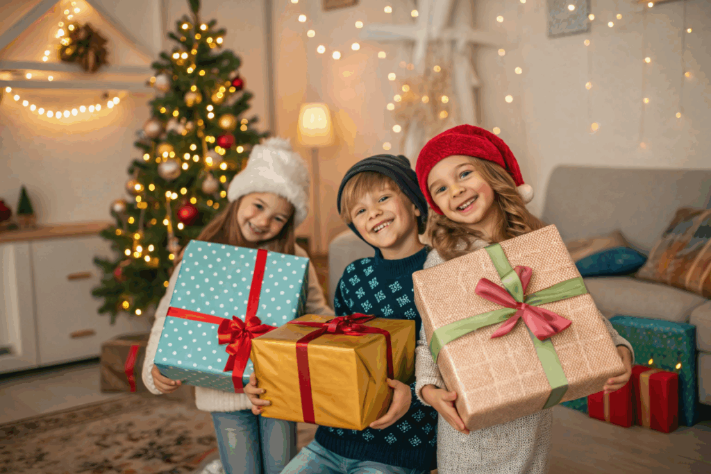 des enfants avec des cadeaux pour Noël