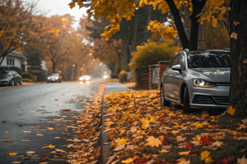 des feuilles mortes et une voiture