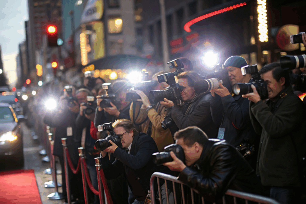 des paparazzis qui attendent pour photographier l’actrice de Star Wars
