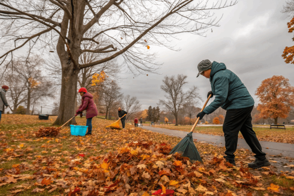 des personnes faisant le nettoyage d’automne
