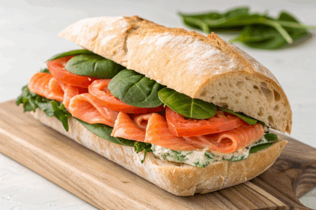 le sandwich au saumon et aux épinards