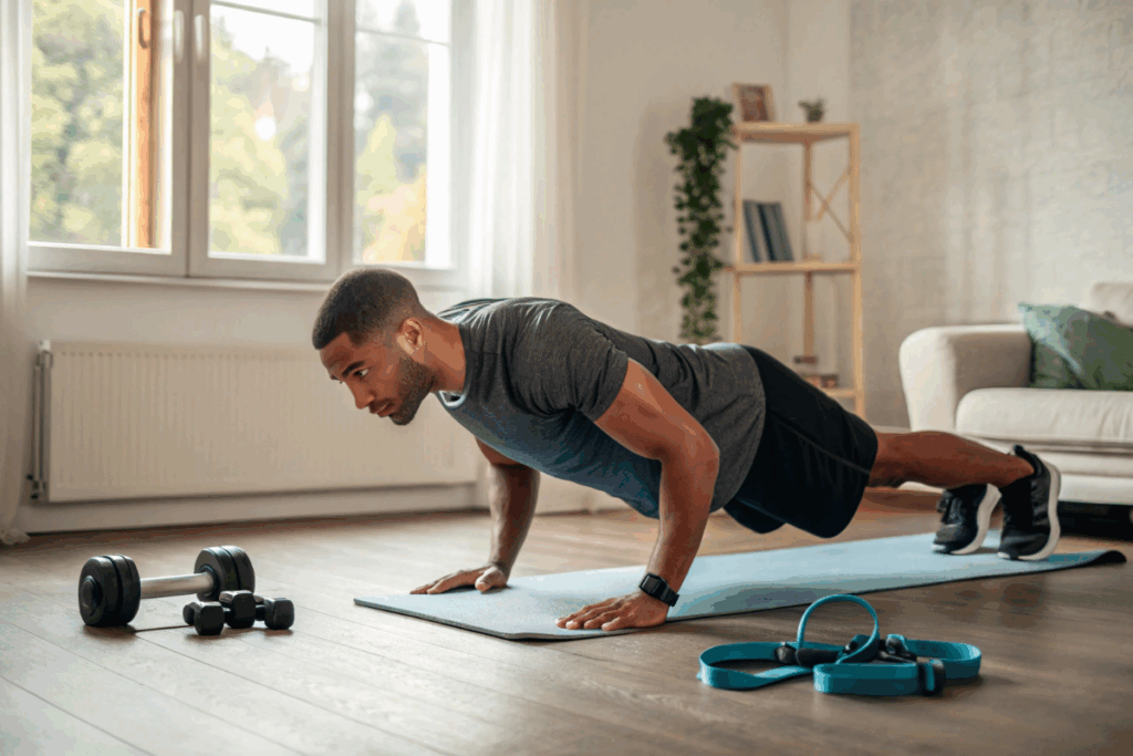 un homme qui fait du sport à la maison