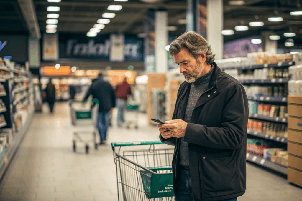 un homme qui utilise son smartphone au supermarché
