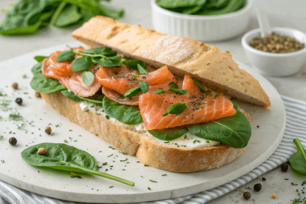 un sandwich au saumon et aux épinards