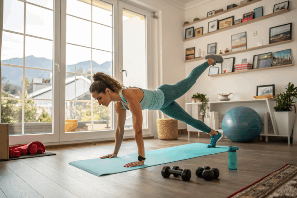 une femme qui fait du sport à la maison