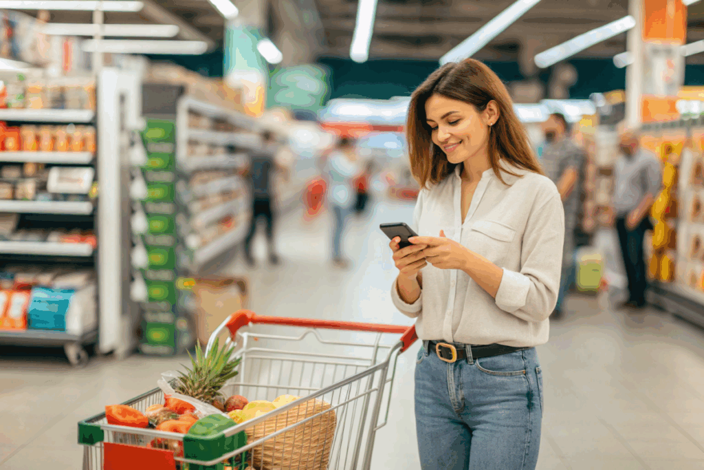 une femme qui utilise son smartphone au supermarché
