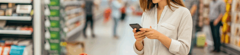 une femme qui utilise son smartphone au supermarché
