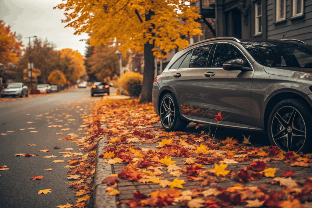 une voiture et des feuilles mortes