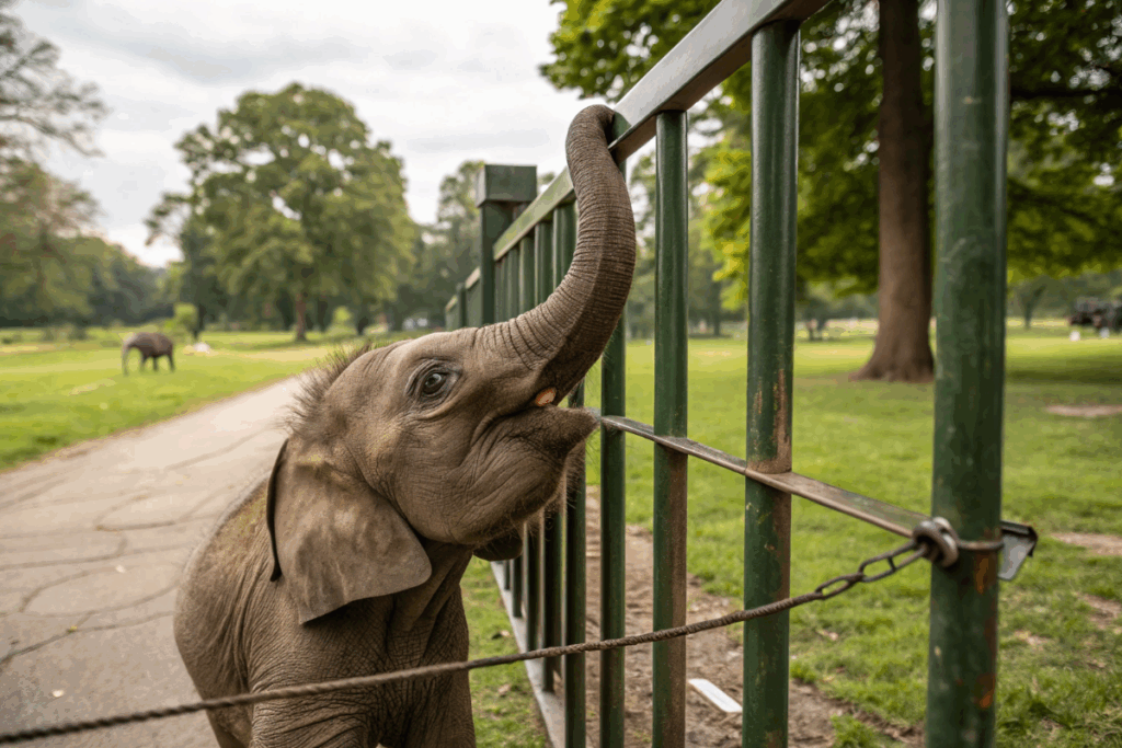 Un éléphanteau coincé dans une clôture