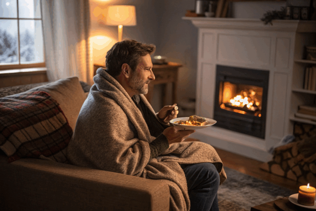 Un homme qui mange tôt en hiver pour améliorer son métabolisme