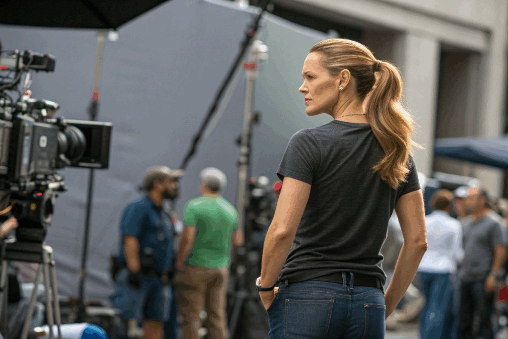 actrice similaire à Jennifer Garner de dos pendant un tournage
