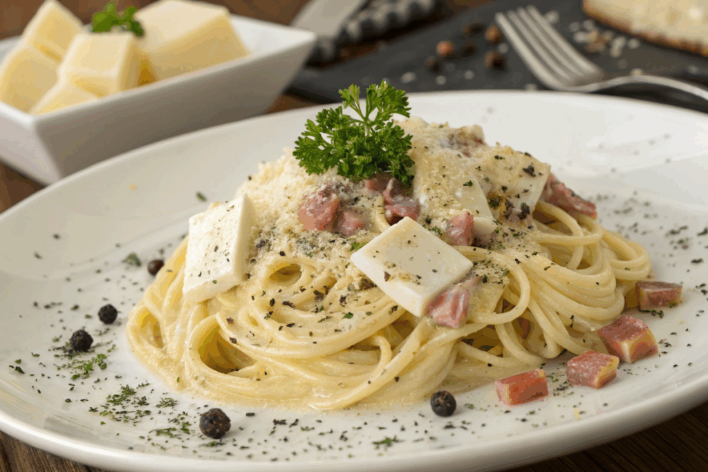 un plat de spaghetti carbonara 4 fromages