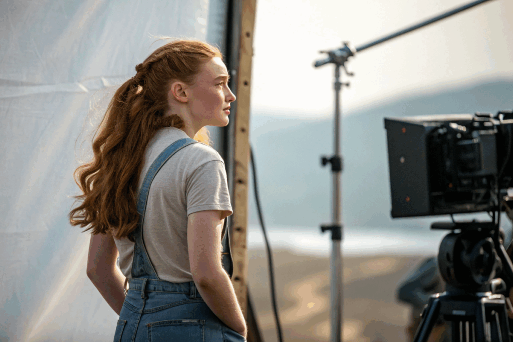 une actrice ressemblant à Sadie Sink pendant un tournage