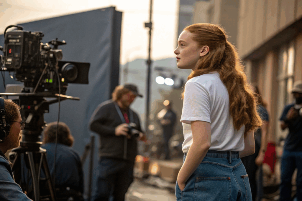 une actrice similaire à Sadie Sink pendant un tournage