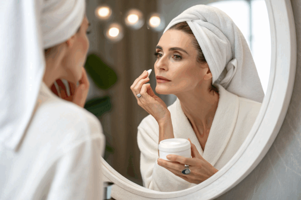 une femme qui applique une crème sur ses cernes