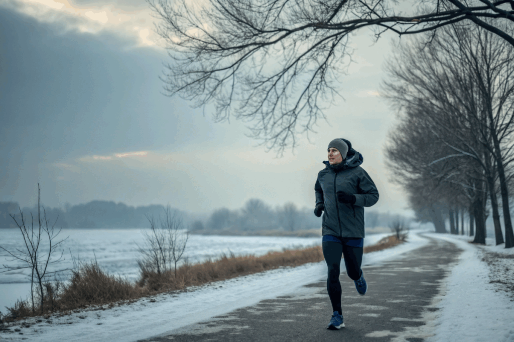 une femme qui fait de l'exercice en hiver