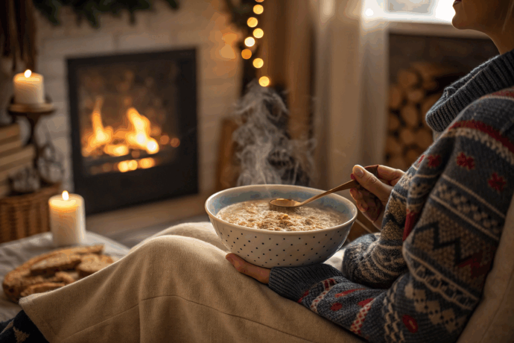 une personne qui consomme de l'avoine en hiver