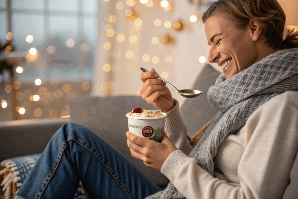 une personne qui consomme du yaourt grec en hiver