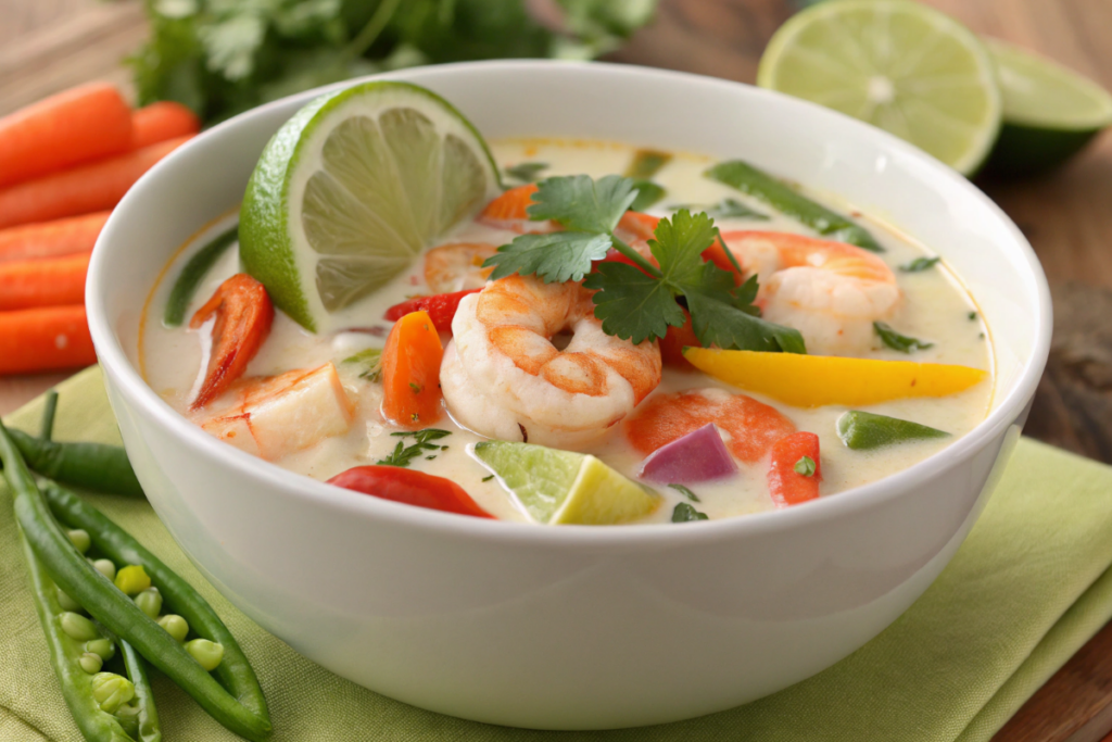 De la soupe de légumes et crevettes au lait de coco