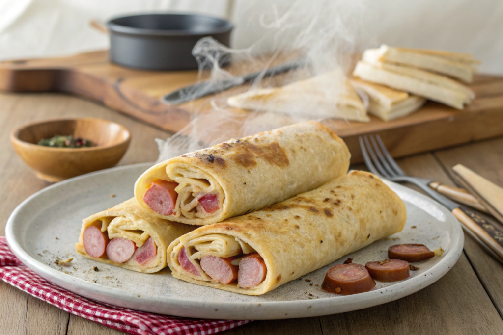 Des rouleaux de crêpe farci à la viande et à la saucisse