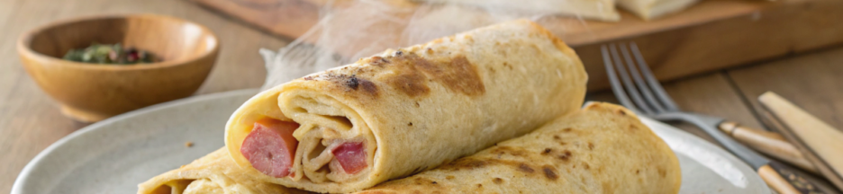 Des rouleaux de crêpe farci à la viande et à la saucisse