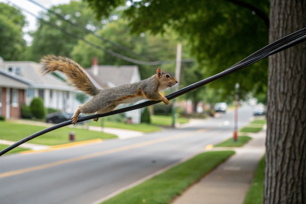 Écureuil qui glisse sur une ligne électrique