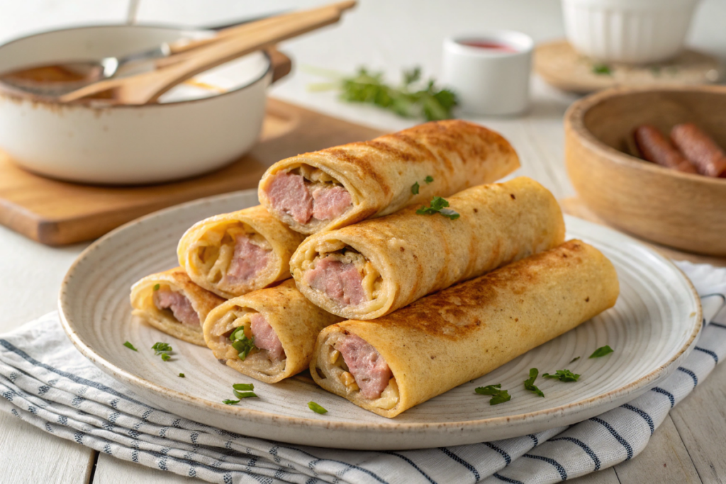 Les rouleaux de crêpe farci à la viande et à la saucisse