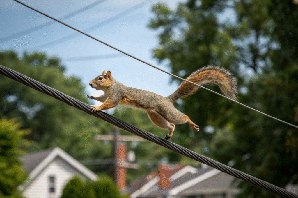 Un écureuil qui glisse sur une ligne électrique