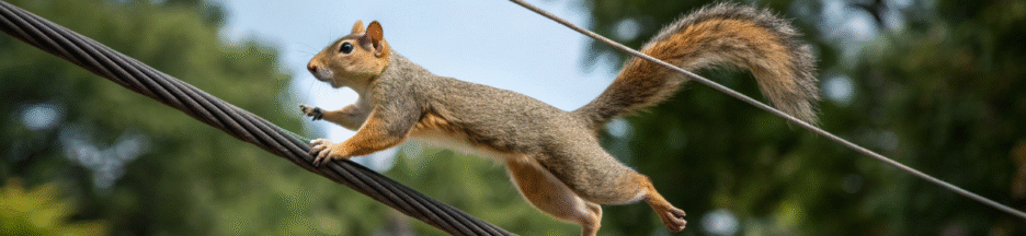 Un écureuil qui glisse sur une ligne électrique