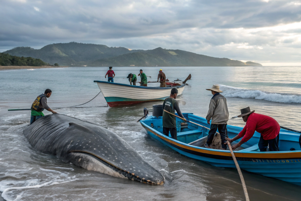 baleine échouée sauvée par des pêcheurs