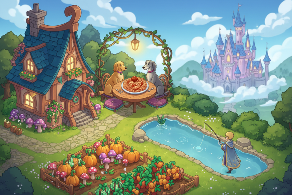 Gameplay d’un jeu avec deux chiens comme La Belle et le Clochard