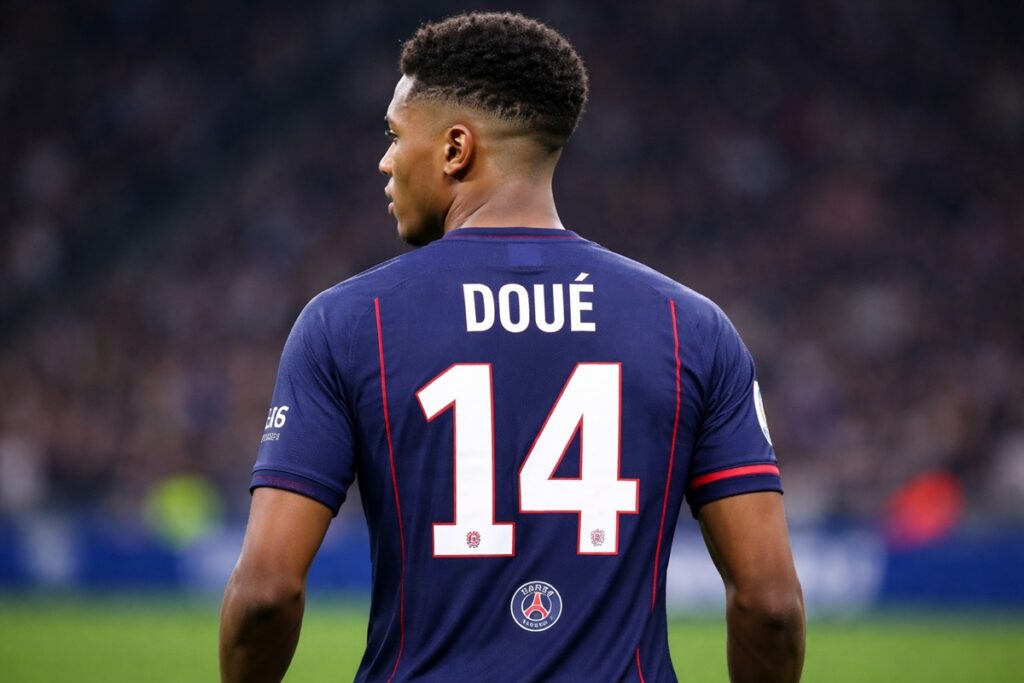 Joueur avec le maillot du PSG de Désiré Doué
