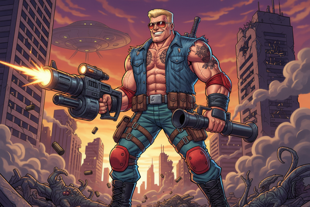 Un personnage de jeu de tir comme Duke Nukem