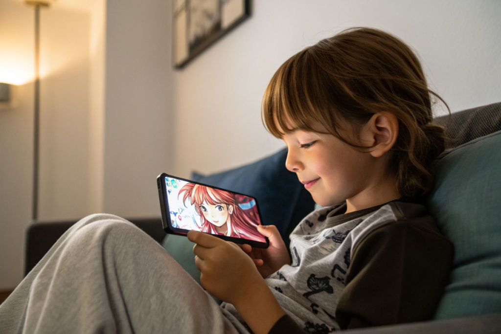 enfant qui regarde un dessin animé sur les chaînes telles que Kids TV