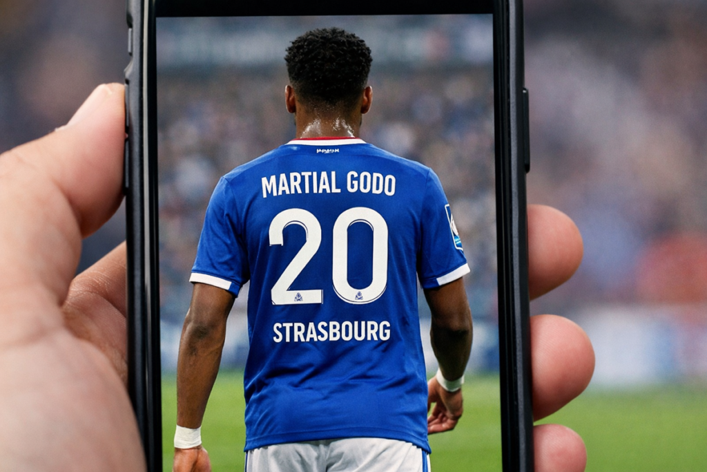 Joueur de foot Martial Godo sur un smartphone