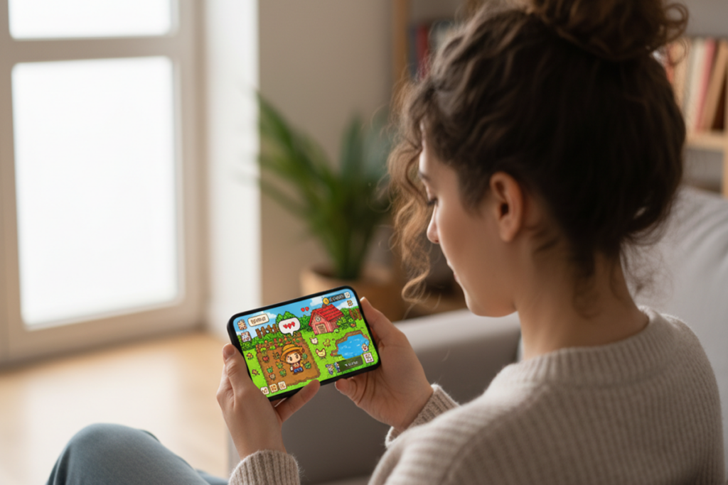Une personne qui joue à un jeu mobile de simulation comme Stardew Valley