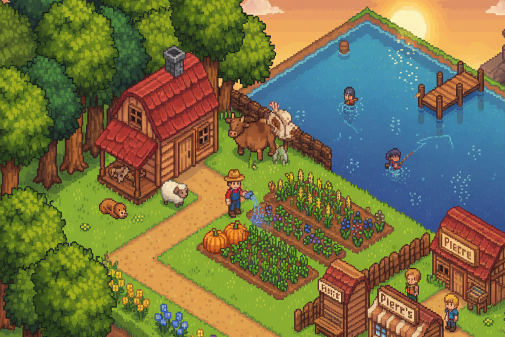 Gameplay d’un jeu de simulation de vie similaire à Stardew Valley