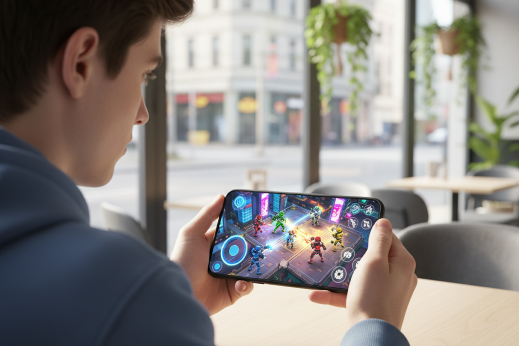 Un gamer jouant à Overwatch Rush sur son smartphone