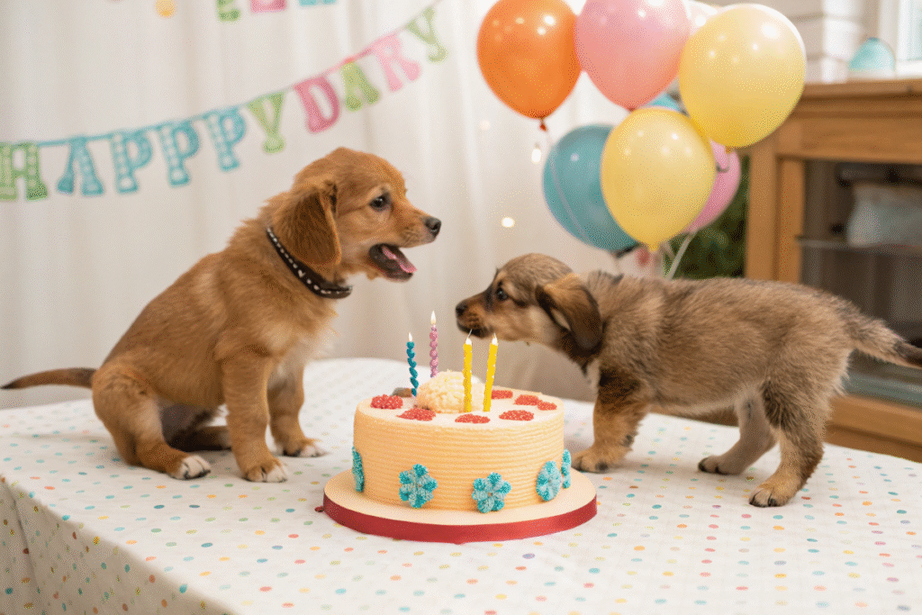 petite chienne qui défend son gâteau d’anniversaire