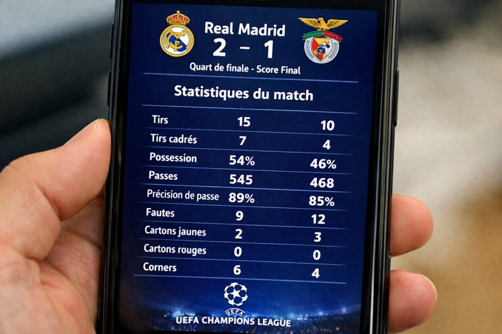 Statistiques match Real Madrid-Benfica sur un smartphone