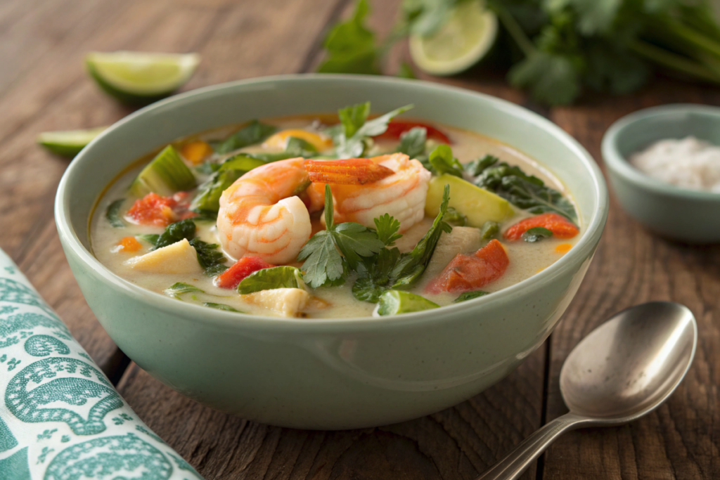 soupe de légumes et crevettes au lait de coco