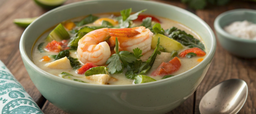 Soupe de légumes : accompagnée de crevettes au lait de coco