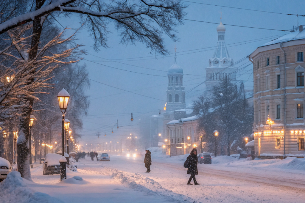 tempête de neige dans une ville russe