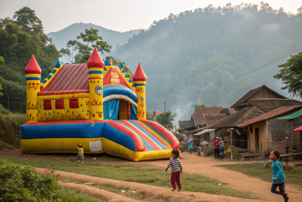 un château gonflable dans une fête au Laos
