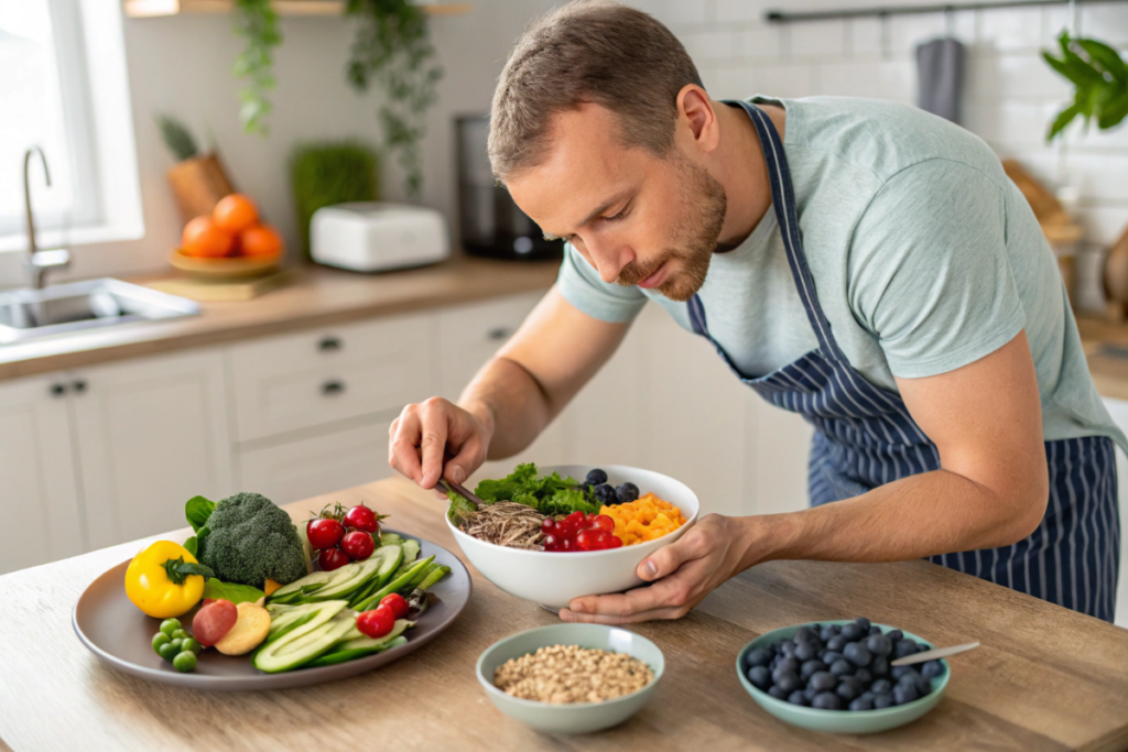 un homme qui prend soin de sa santé intestinale avec des aliments naturels