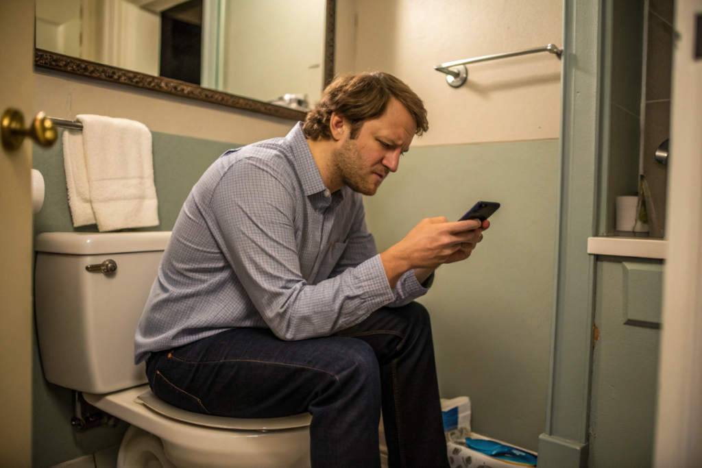 un homme qui utilise son téléphone aux toilettes