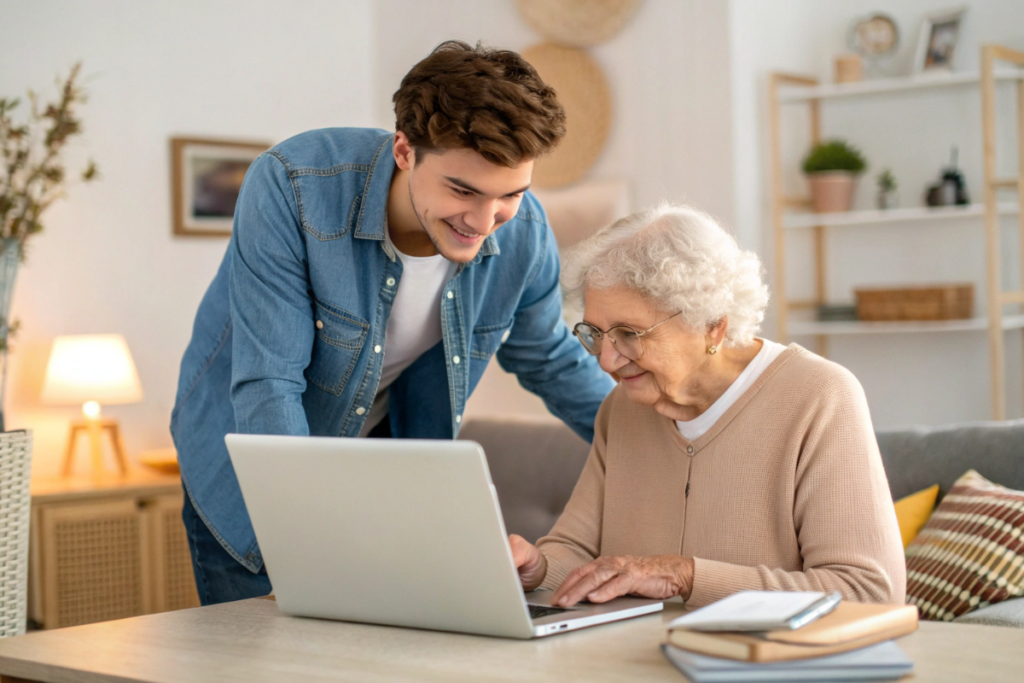 un jeune homme qui apprend à une personne âgée à utiliser les technologies
