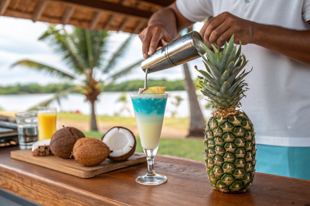 une Piña Colada tricolore en préparation